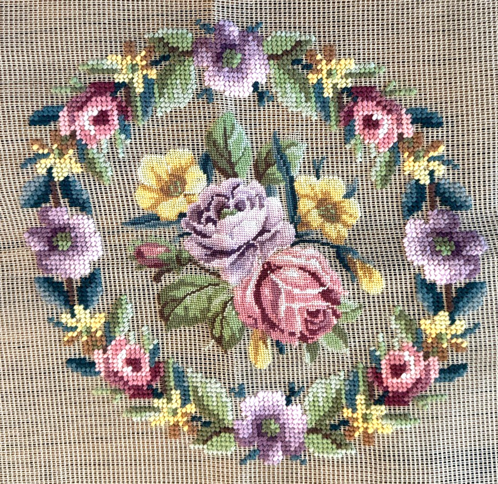 Vintage Preworked Decorator Needlepoint Canvas Floral Ring Roses Design 9x9 HTF